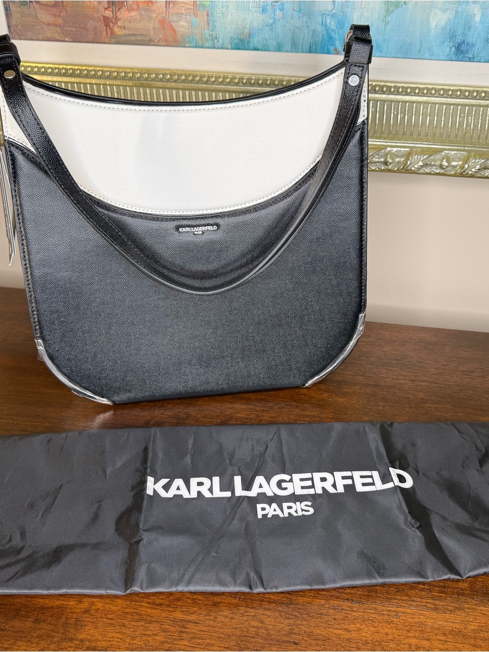 Karl Lagerfeld Black and White Two-Tone Structured Leather Hobo Shoulder Bag